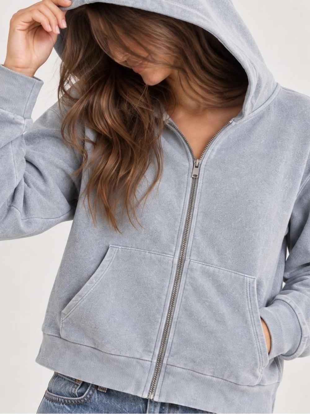 Brandy Melville Light Blue Full-Zip Oversized Hoodie